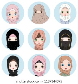 Muslim Business Woman Avatar Vector. Woman Face set. Hijab. Muslim Female Creative Placeholder. Modern Girl. Art Isolated Illustration. Profile Icon Set Social Network Flat