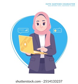 muslim business woman character with laptop illustration
