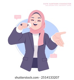 muslim business woman character with microphone illustration