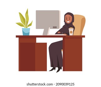 Muslim business woman or female company office employee character in traditional long dress and hijab at workplace, flat vector illustration isolated on white background.
