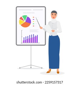 Muslim business woman giving presentation. Saudi woman office worker vector cartoon illustration