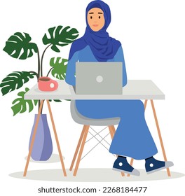Muslim business woman in hijab holding a laptop.
A young Arab girl sits in a comfortable chair at a table with a laptop. Muslim business woman in hijab works at home or office. Colored vector 