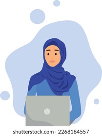 Mujer de negocios musulmana con hijab llevando una laptop.
Una joven árabe se sienta en una cómoda silla en una mesa con un portátil. La mujer musulmana de negocios con hiyab trabaja en casa o en la oficina. Vector coloreado 