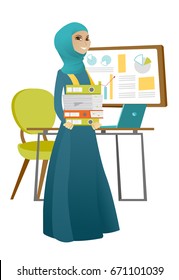 Muslim business woman holding pile of folders and papers. Business woman holding folders in office. Business woman with folders and files. Vetor cartoon illustration isolated on white background.