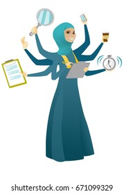 Muslim business woman with many legs and hands coping with multitasking. Business woman doing multiple tasks. Multitasking business person. Vector cartoon illustration isolated on white background