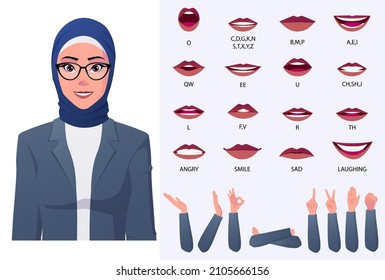 Muslim Business Woman Mouth Animation, Lip-sync, Emotions, And Hand Gestures Premium Vecor