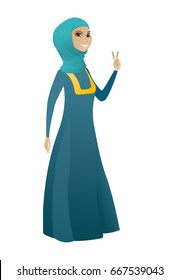 Muslim business woman showing victory gesture. Business woman showing victory sign with two fingers. Business woman with victory gesture. Vector cartoon illustration isolated on white background