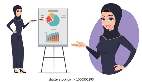 Muslim business woman standing and presentation profitability. Vector character design with avatar isolated on white background.