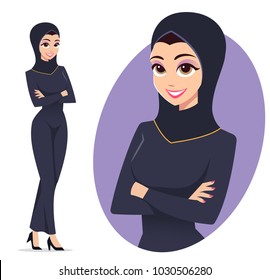 Muslim business woman in traditional clothing standing on white background. Vector character design with avatar isolated on white background.