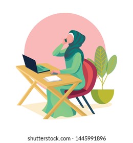 Muslim business woman in traditional clothing working on laptop. Vector illustration isolated in white background.