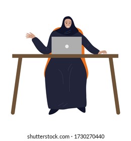 Muslim business woman in traditional ethnic hijab sitting with the laptop. Vector illustration in the flat cartoon style