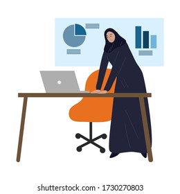 Muslim business woman in traditional ethnic hijab working in the office. Vector illustration in the flat cartoon style