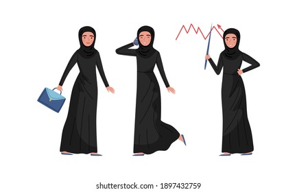 Muslim Business Woman in Traditional Hijab Engaged in Working Process Vector Illustration Set