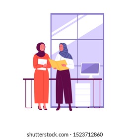Muslim business women. Vector illustration of two Muslim women talking in the office. Isolated on background.