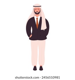 Muslim businessman in formal suit, stylish young Arab man standing vector illustration