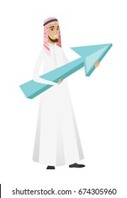 Muslim businessman holding big arrow representing business growth. Young businessman with growth graph. Concept of business growth. Vector flat design illustration isolated on white background.