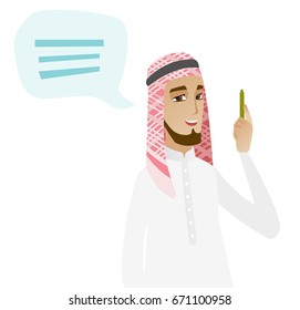 Muslim businessman with speech bubble and pen. Businessman giving a speech. Businessman with speech bubble coming out of his head. Vector flat design illustration isolated on white background.
