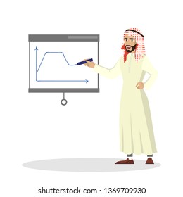 Muslim businessman standing at a graph. Arab manager in national clothes making presentation. Man talking. Isolated vector illustration in cartoon style