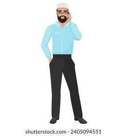 Muslim businessman talking on phone. Arab male office worker cartoon vector illustration