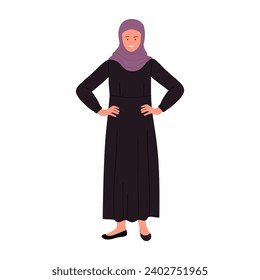 Muslim businesswoman with hands on hips. Female arabic manager in standing pose cartoon vector illustration