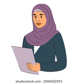 Muslim businesswoman holding clipboard vector isolated. Female business character in hijab. Office manager. Professional occupation.