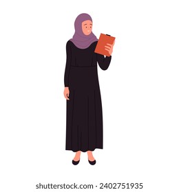 Muslim businesswoman holds clipboard. Arabic female manager presenting report cartoon vector illustration