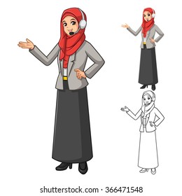 Muslim Businesswoman Operator Wearing Red Veil or Scarf with Welcoming Hands and Head Phone Cartoon Character Vector Illustration