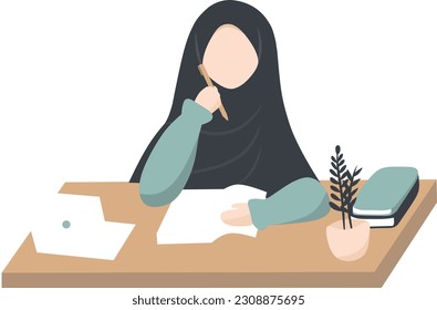 Muslim businesswoman sitting at desk with laptop and documents. Flat vector illustration.