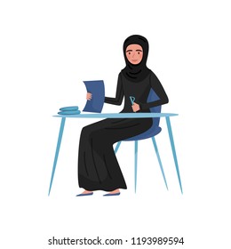 Muslim businesswoman sitting at table and signing document. Woman in long black dress and hijab. Office worker. Flat vector