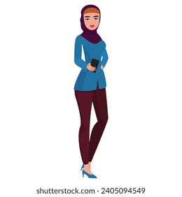Muslim businesswoman with smartphone. Arab female office worker cartoon vector illustration