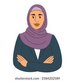 Muslim businesswoman standing with crossed arms and smiling vector isolated. Happy female character in hijab. Arabian woman.