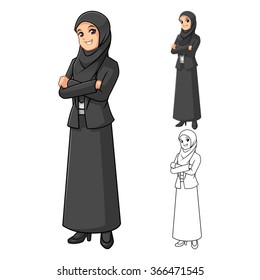 Muslim Businesswoman Wearing Black Veil or Scarf with Folded Hands Cartoon Character Vector Illustration