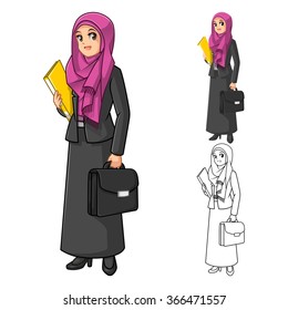 Muslim Businesswoman Wearing Fuchsia Veil or Scarf with Holding Briefcase Cartoon Character Vector Illustration