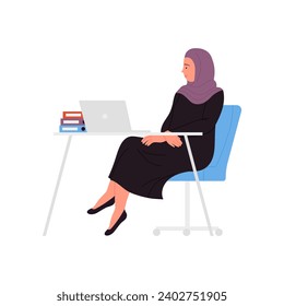 Muslim businesswoman working at laptop. Arabic female manager at office desk cartoon vector illustration