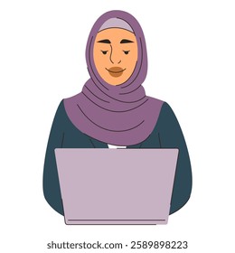 Muslim businesswoman working on laptop computer vector isolated. Beautiful female character in hijab, Office worker, young professional in arabic clothing.