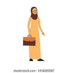 Muslim businesswoman in yellow hijab and dress, cartoon character happy Arab business woman with suitcase standing and smiling, hand drawn flat vector illustration isolated on white background