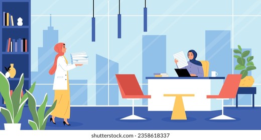 Muslim businesswomen composition with indoor scenery of office with female boss and employee working with papers vector illustration