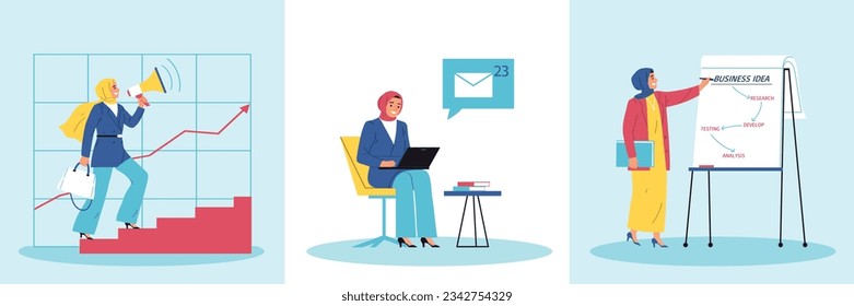 Muslim businesswomen composition with set of three compositions showing islamic woman wearing hijab solving business tasks vector illustration