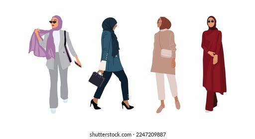 Muslim businesswomen vector illustration set. Stylish arab business women wearing hijab and modern office smart casual outfit. Attractive female cartoon characters isolated on white background.