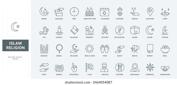 Muslim calendar for fasting, lantern and mosque, Ramadan Kareem and reading Quran. Islamic culture and prayers thin black and red outline symbols, vector illustration. Religion of Islam line icons set