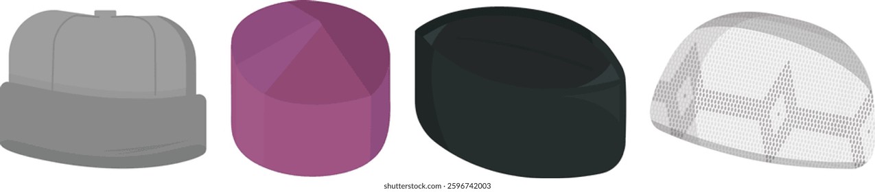 Muslim caps style type from craftsmen for muslim men. Vector illustration. Isolated on white background.