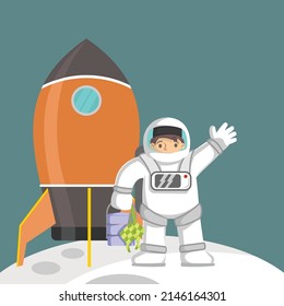 Muslim cartoon in astronaut clothes saying happy eid mubarak