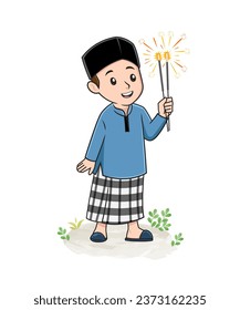 muslim cartoon character playing fireworks, islamic boy