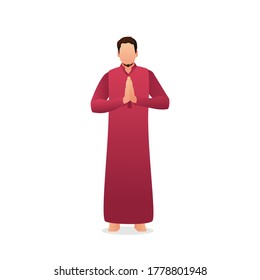 Muslim cartoon character say Happy Eid Mubarak, Vector illustration of Men greeting islamic celebration
