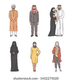 Muslim cartoon character set - people in traditional Arab clothing and religious Islam headwear standing and posing, men in turban and women in hijab, burka - isolated hand drawn vector illustration