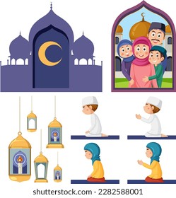 Muslim cartoon characters and objects vector illustration