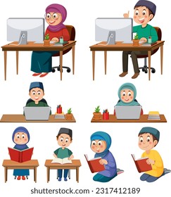 Muslim cartoon characters vector illustration
