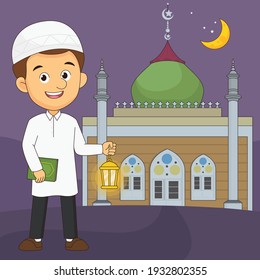 Muslim Cartoon Holding Lantern With Mosque