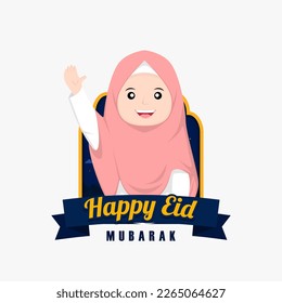 muslim cartoon illustration with eid mubarak text
