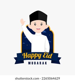 ilustración de caricatura musulmana con texto de eid mubarak